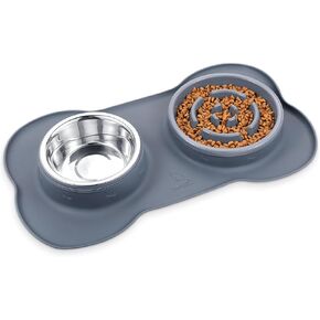 Pecute Slow Feeder Dog Bowls to Slow Down Eating, Dog Bowl Slow Feeder with No-Spill Non-Skid Silicone Mat, Food-Grade Safe Dog Food Bowls Slow Feeder, Stainless Steel Dog Water Bowl for Dogs Cats