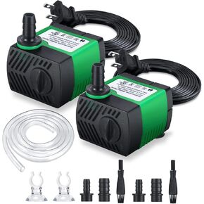 Fountain Pump, 2 Packs 80GPH (4W 300L/H) Water Fountain Pump, Outdoor Submersible Fountain Pump with 4.9ft Tubing (ID x 1/3-Inch), 3 Nozzles for Aquarium, Pond, Fish Tank, Water Pump Hydroponics