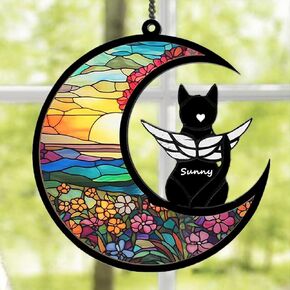 Cat Memorial Gift for Loss of Cat-Pet Remembrance Sympathy Ornament Personalized Date Name Pattern Angel Cat on Moon Gifts for Cat Lovers
