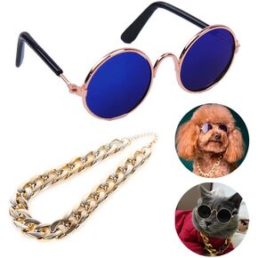 Cat and Dog Sunglasses Gold Chain Two-Piece Set, Pet Sunglasses, Retro Classic Pet Glasses, Adjustable Pet Chain, Photo Prop, for Kittens and Puppy (Black)