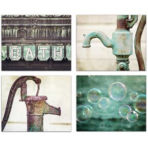 Bathroom Wall Art Set of 4 SMALL 5x7" Prints - Not Framed - Bath, Bubbles, Pitcher Pumps - Green, Blue, Teal, Aqua, Vintage, Farmhouse, Rustic Style - Restroom Pictures