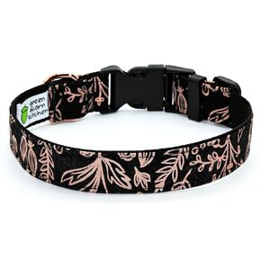 Rose Gold Metallic Dog Collar - Floral Vines on Black - 4 Sizes - Adjusts 9 Inches to 27 Inches - 1 Inch Wide (Large 14-21")