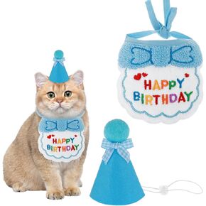 Cat Birthday Hat and Bib, Cat Birthday Bandana Outfit Cat Party Hat Scarf Set Pet Decoration Set for Cat Puppy Kitten Birthday Party Decorations(Blue) in Kuwait