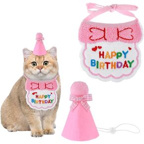 Cat Birthday Hat and Bib, Cat Birthday Bandana Outfit Cat Party Hat Scarf Set Pet Decoration Set for Cat Puppy Kitten Birthday Party Decorations(Blue)