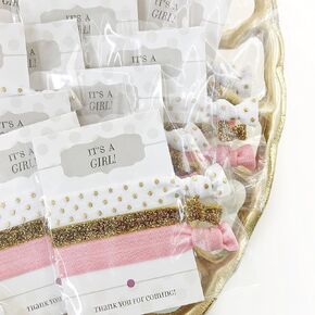 Girl Baby Shower Favors, Hair Ties Bracelets, Pink and Gold Party Decorations and Supplies (5 Pack)