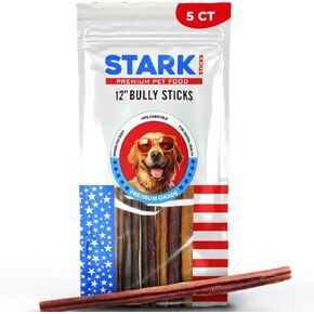 Stark Sticks 12'' Natural Bully Sticks for Small, Medium, Large Dogs - 100% Grass-Fed Beef, Chews Sticks for Dogs, Treats, Long Lasting - Fully Digestible,(Standard 5 Count)