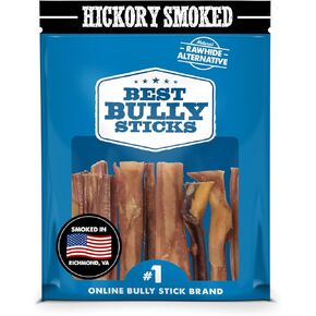 Premium Hickory Smoked 4 Inch Bully Sticks - 10 Count (Pack of 1) - 100% Natural, Smoky Aroma, No Additives, Grass-Fed Beef, Grain and Rawhide-Free, Mini Treat