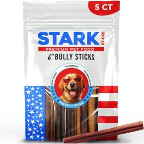 Stark Sticks 6'' Natural Bully Sticks for Small, Medium, Large Dogs - 100% Grass-Fed Beef, Chews Sticks for Dogs, Treats, Long Lasting - Fully Digestible,(Standard 5 Count)
