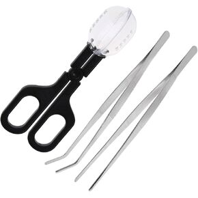 3in1 Feeding Tool Reptile Feeding Tongs Cricket Clamp Bug Scooper, Cleaning Supplies Scooper+ 2x Tweezers for Reptile, Hedgehog, Hamsters, Guinea Pig,Lizard, Spider Bearded Dragon (Black)