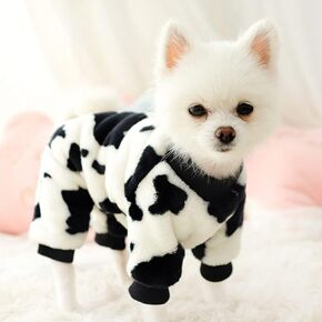 Winter Dog Pajamas Cute Milk Cow Polyester Cotton Dog Hoodie Plush Puppy Clothes Soft Pet Jumpsuit Winter Coat XS