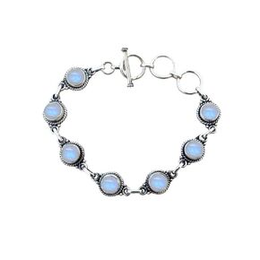 925 Silver Overlay Bracelet Natural 7MM Round Gemstone Adjustable Link Bracelet For Women's Jewelry Gift Item By Samadorne (moonstone)