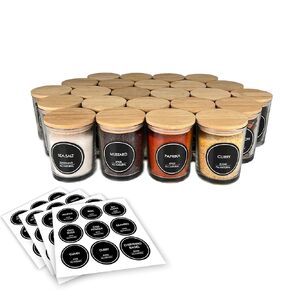 Glass Spice Jars with Wooden Lids - 7 OZ Clear Glass (Set of 24), Includes 36 preprinted labels