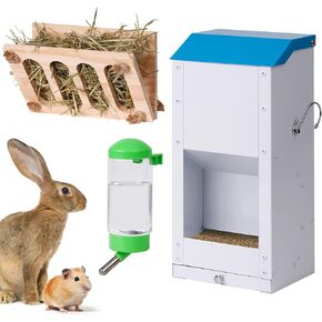 Large Metal Rabbit Feeder for Cage, 6lbs Rabbit Food Dispenser Outdoor Bunny Chicken Feeder Trough Automatic Small Animal Feeder with Hay Holder and Water Bottle for Guinea Pigs Chick Cat