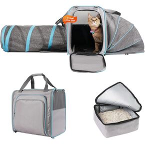 Pet Crate for Car Traveling with Collapsible Litter Box, Cat Carrier Soft with Tunnel, Large Pet Carrier with Litter Box, Cat Soft Carrier with Locking Safety Zipper for Large Cats, Grey