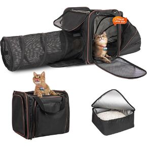Pet Crate for Car Traveling with Collapsible Litter Box, Cat Carrier Soft with Tunnel, Large Pet Carrier with Litter Box, Cat Soft Carrier with Locking Safety Zipper for Large Cats, Grey