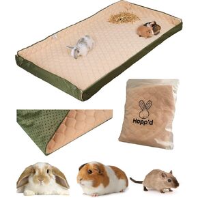 Hopp'd HutchLiner - Washable Fleece Bedding/Cage Liner for Rabbit/Guinea Pigs | Odor-Busting, Waterproof, Anti-Slip Bunny Pee Pad | Cooling Mat, Bunny Hay Pocket (Midwest 47x24in,Sand/Sage) | US Brand