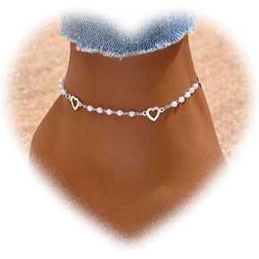 Bohemian Heart Anklet for Women Vintage Pearl Ankle Bracelets Silver Pearl Bead Anklets Heart Anklets Chain Bracelet Summer Beach Anklet Foot Chain Jewelry for Girls Gifts (Silver) in Kuwait