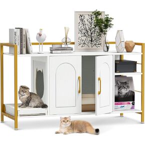 Snughome Cat Litter Box Enclosure, Modern Cat Litter Box Furniture, Hidden Litter Box with Litter Catcher/Storage Shelves, Cat Washroom Cat House Side End Table Entryway Bench for Living Room, White in Kuwait