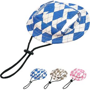 PET SHOW Dog Bucket Hats Pet Hat with Ear Holes Girls Boys Classic Round Brim Outdoor Sun Hat for Small Doggies Adjustable Strap Visors Puppy Cats Kitten (Small, Ink Blue Plaid)