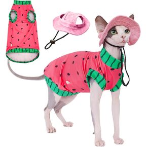 Sphynx Cat Watermelon Shirt &Sun Hat for Summer, Cooling Breathable UPF 50+ Shirt for Cats & Small Dogs Apparel, Shirt and Hat Set for Cats (M (3.5-5.5lbs))