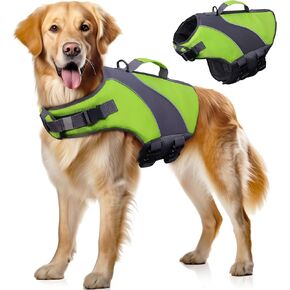 Navaris Dog Swimming Life Jacket - Comfortable and Easy-to-Use Doggy Swim Vest - Adjustable Float Jacket Size Bright Green Colour for Visibility - for Medium Dogs