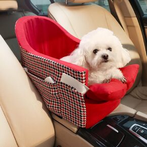 Pet Car Booster Seat for Small Dog or Cat, Removable Washable Center Console Armrest Dog Car Seat with Bow Shape Soft Pillow (Red) in Kuwait
