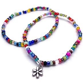 Daisy Flower Charm Anklet Set - Bright Summer Color Mix Glass Seed Beads - 1 Plain and 1 with Silver Tone Charm - Size M 10 inches