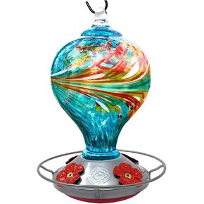 Hummingbird Feeder by Grateful Gnome - Large Hand Blown Stained Glass Feeder for Garden, Patio, Outdoors, Window with Accessories S-Hook, Ant Moat, Brush - 36fl oz, Large Red Egg Design
