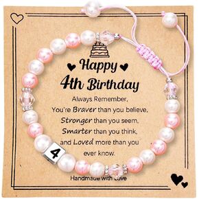 1-8 Year Old Girl Birthday Gift, Adjustable Pink White Pearl and Letter Charm Bracelet for Daughter Niece Granddaughter Girls (1st)