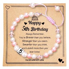 1-8 Year Old Girl Birthday Gift, Adjustable Pink White Pearl and Letter Charm Bracelet for Daughter Niece Granddaughter Girls (1st)