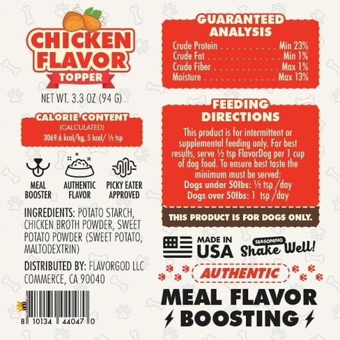 Flavor God Dog Food Topper for Picky Eaters, Chicken Flavor - Low-Calorie Dog Food Toppers for Dry Food - Large, Medium, & Small Dogs Appetite Stimulant - Dog Meal Sprinkle Topper (3.3 Oz) in Saudi Arabia