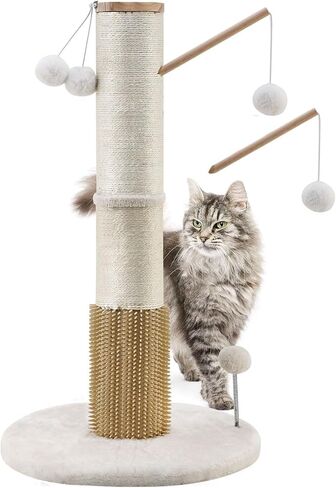 OTOB 32" Tall Cat Scratching Post, 4.3Inch Large Diameter Natural Sisal Rope Scratcher Post for Indoor Large Cats Kittens, 5-in-1 Interactive Turntable Cat Scratch Post with Soft Hanging Ball Toys in Saudi Arabia