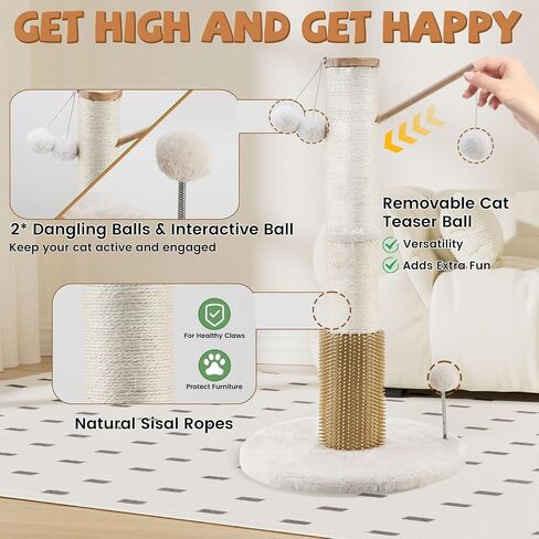 OTOB 32" Tall Cat Scratching Post, 4.3Inch Large Diameter Natural Sisal Rope Scratcher Post for Indoor Large Cats Kittens, 5-in-1 Interactive Turntable Cat Scratch Post with Soft Hanging Ball Toys in Saudi Arabia