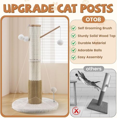 OTOB 32" Tall Cat Scratching Post, 4.3Inch Large Diameter Natural Sisal Rope Scratcher Post for Indoor Large Cats Kittens, 5-in-1 Interactive Turntable Cat Scratch Post with Soft Hanging Ball Toys in Saudi Arabia