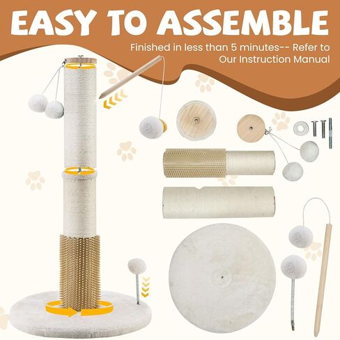 OTOB 32" Tall Cat Scratching Post, 4.3Inch Large Diameter Natural Sisal Rope Scratcher Post for Indoor Large Cats Kittens, 5-in-1 Interactive Turntable Cat Scratch Post with Soft Hanging Ball Toys in Saudi Arabia