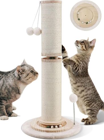OTOB 32" Tall Cat Scratching Post, 4.3Inch Large Diameter Natural Sisal Rope Scratcher Post for Indoor Large Cats Kittens, 5-in-1 Interactive Turntable Cat Scratch Post with Soft Hanging Ball Toys in Saudi Arabia