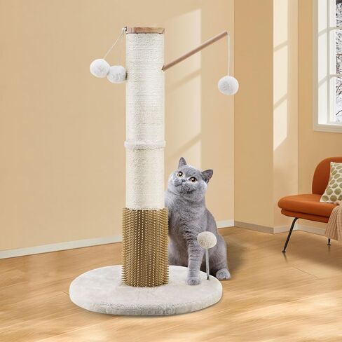 OTOB 32" Tall Cat Scratching Post, 4.3Inch Large Diameter Natural Sisal Rope Scratcher Post for Indoor Large Cats Kittens, 5-in-1 Interactive Turntable Cat Scratch Post with Soft Hanging Ball Toys in Saudi Arabia