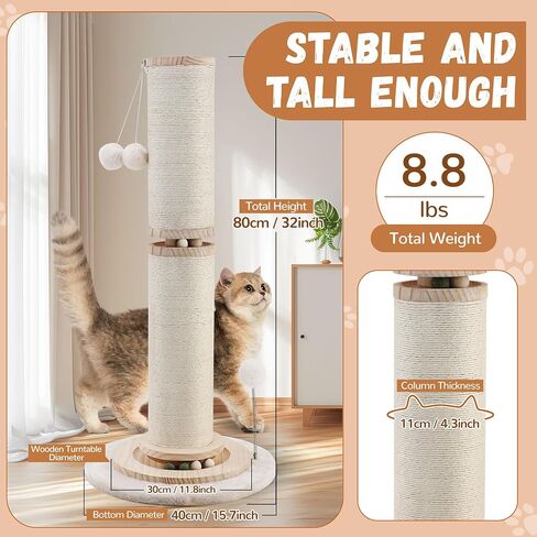 OTOB 32" Tall Cat Scratching Post, 4.3Inch Large Diameter Natural Sisal Rope Scratcher Post for Indoor Large Cats Kittens, 5-in-1 Interactive Turntable Cat Scratch Post with Soft Hanging Ball Toys in Saudi Arabia