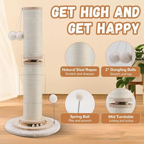 OTOB 32" Tall Cat Scratching Post, 4.3Inch Large Diameter Natural Sisal Rope Scratcher Post for Indoor Large Cats Kittens, 5-in-1 Interactive Turntable Cat Scratch Post with Soft Hanging Ball Toys in Saudi Arabia