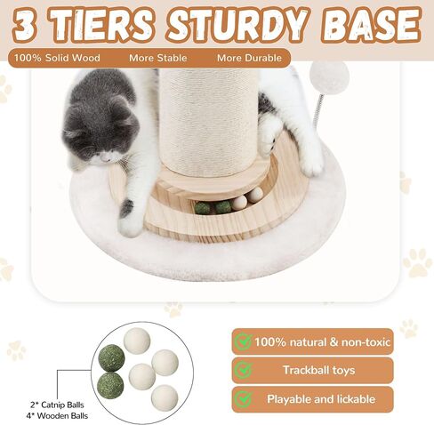 OTOB 32" Tall Cat Scratching Post, 4.3Inch Large Diameter Natural Sisal Rope Scratcher Post for Indoor Large Cats Kittens, 5-in-1 Interactive Turntable Cat Scratch Post with Soft Hanging Ball Toys in Saudi Arabia