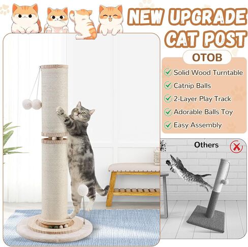 OTOB 32" Tall Cat Scratching Post, 4.3Inch Large Diameter Natural Sisal Rope Scratcher Post for Indoor Large Cats Kittens, 5-in-1 Interactive Turntable Cat Scratch Post with Soft Hanging Ball Toys in Saudi Arabia