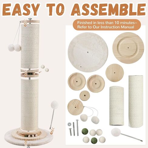 OTOB 32" Tall Cat Scratching Post, 4.3Inch Large Diameter Natural Sisal Rope Scratcher Post for Indoor Large Cats Kittens, 5-in-1 Interactive Turntable Cat Scratch Post with Soft Hanging Ball Toys in Saudi Arabia