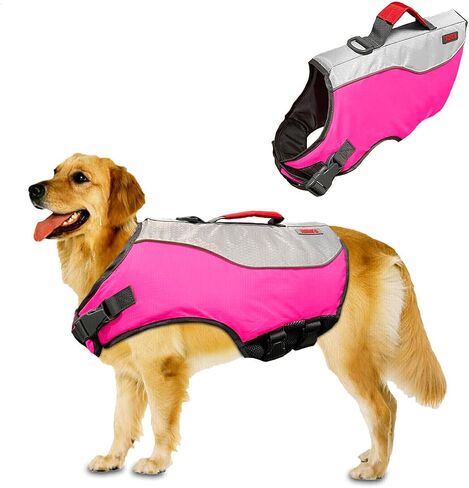 Water Float Dog Flotation Life Jacket Vest, Swimming Float Aid with Safety Handle, Adjustable Comfortable Durable Preserver High Buoyancy Coat (Pink, Large) in Saudi Arabia