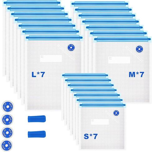 أكياس Sous Vide قابلة لإعادة الاستخدام 28 قطعة، أكياس مانعة للتسرب خالية من BPA، أكياس تخزين طعام مفرغة للطهي/تسخين الميكروويف - 21 قطعة أكياس بسحاب مفرغة، 2 مشبك إغلاق و4 صمامات هواء in Kuwait