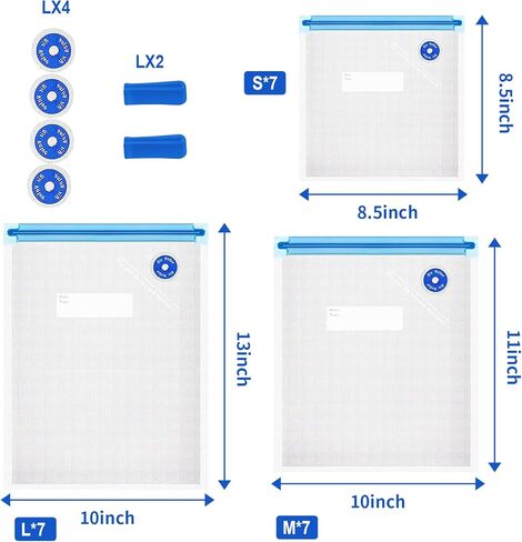 أكياس Sous Vide قابلة لإعادة الاستخدام 28 قطعة، أكياس مانعة للتسرب خالية من BPA، أكياس تخزين طعام مفرغة للطهي/تسخين الميكروويف - 21 قطعة أكياس بسحاب مفرغة، 2 مشبك إغلاق و4 صمامات هواء in Kuwait