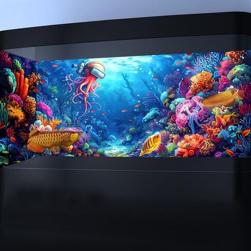 48X20IN Blacklight Ocean HD 3D Black Light Aquarium Background UV Reactive Octopus Background Terrarium Background with 10 EVA Double-Sided Tape with 10 EVA Double-Sided Tape in Saudi Arabia