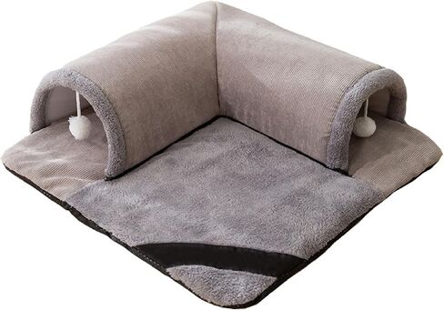 Cat Tunnel Bed for Indoor Cats, Play Tunnel and Cute Cat Bed, Cat Cave Cat Play Tunnel with Hanging Toy Balls, Detachable & Washable, Great Gift for Small Pets (27.5 Inch, Grey) in Saudi Arabia