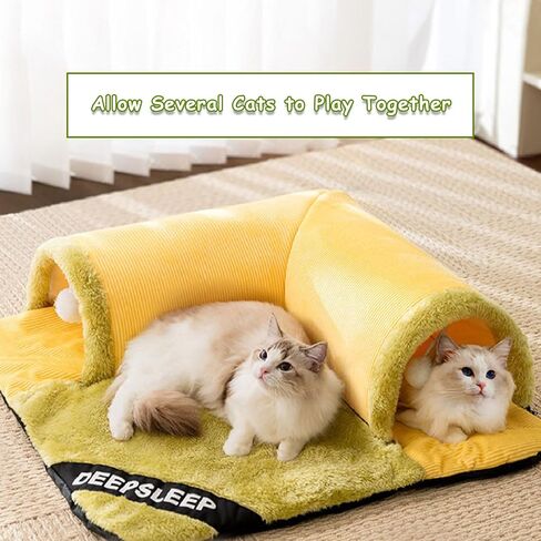 Cat Tunnel Bed for Indoor Cats, Play Tunnel and Cute Cat Bed, Cat Cave Cat Play Tunnel with Hanging Toy Balls, Detachable & Washable, Great Gift for Small Pets (27.5 Inch, Grey) in Saudi Arabia