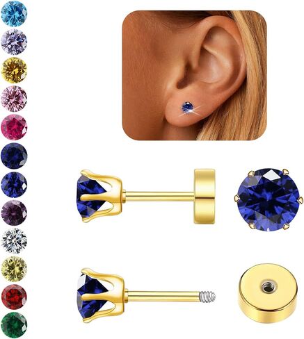 Hypoallergenic Birthstone Stud Earrings for Women Brilliant Cut Round Cubic Zirconia Flat Back Earrings Surgical Steel Cartilage Earrings for Sensitive Ears (Silver, Sep Sapphire) in Kuwait