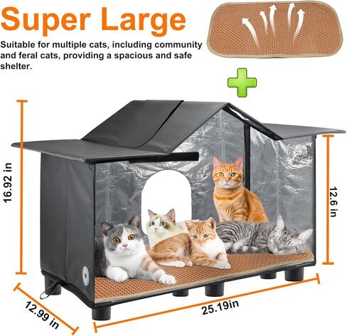 Texsens Large Cat House - Weatherproof Outdoor Cat Shelter with Roof Window- Insulated Elevated House for Stray/Barn Cats with Cozy Cushion - Ideal Waterproof Feral Cat House for Summer in Saudi Arabia